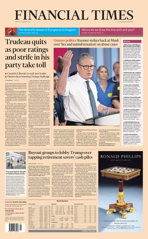 Judul di Financial Times berbunyi: "Trudeau mengundurkan diri karena peringkat buruk dan perselisihan di partainya berdampak buruk".