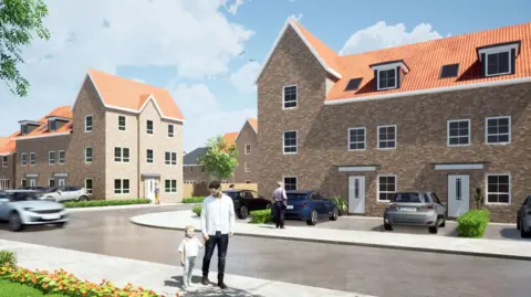 A CGI of the proposed new housing estate. The street is made up of lightly coloured town houses. Cars are parked on driveways outside. A man walks down the path holding a child's hand. On the opposite side of the road a man has his back to shot and is eying up a blue hatchback in a driveway. In the distance a man walks with small steps, possibly conscious that his trousers are unforgivably yellow. The scene is pristine, with no litter or even a fallen leaf in sight. Perhaps danger lurks with the blurred image of a silver car just coming into shot behind man and child. Is it speeding, or just a design flourish?