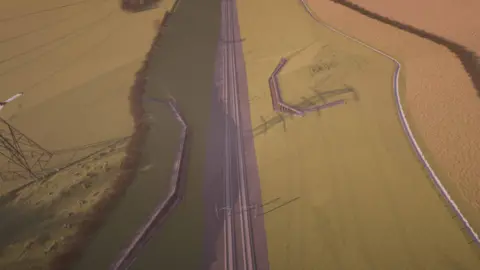 An ariel view of an artist's impression of what the line could look like running through Grim's Ditch