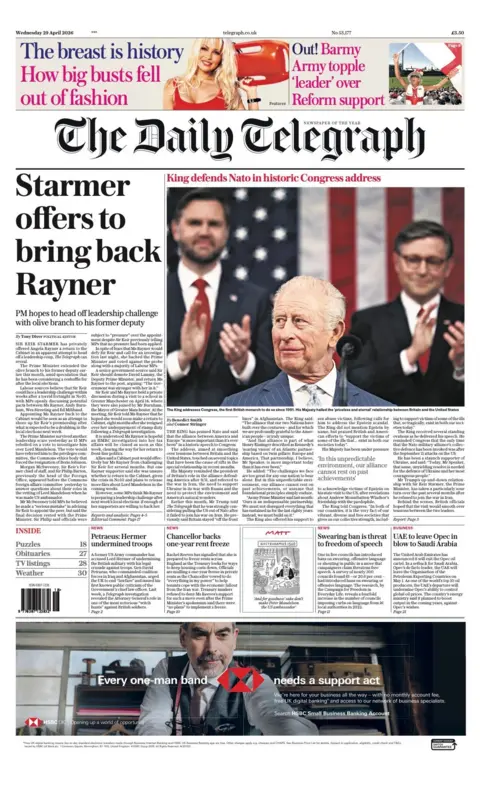 The headline on the front page of the Daily Telegraph reads: "Starmer offers to bring back Rayner."