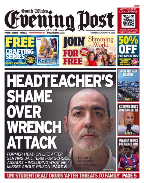 South Wales Evening Post Front page of South Wales Evening Post. The main headline reads: Headteacher's shame over wrench attack. Other headlines read: Snow and rain warning; Ex-Swans star's addiction battle; Swansea in race for Palace man 