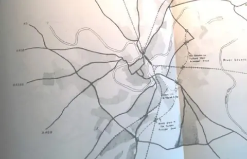 Shropshire Council A hand-drawn map of Shrewsbury showing dotted lines for planned new roads