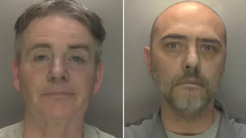 West Midlands Police Mugshots of two men - the one on the left has short grey hair and a grey shirt, the one on the right is bald, has a grey beard and a grey top over a grey shirt.