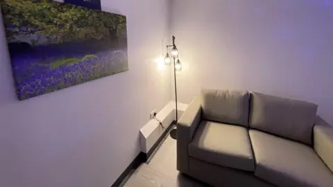 MANX CARE A cosy room with a sofa and blue lights and a picture of bluebells growing under green tree.