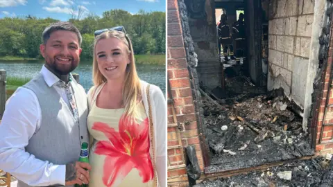 Brad Pruden On the left, a couple in smart outfits smile toward the camera and on the right, scorched materials can be seen in the doorway of the home with firefighters investigating the scene