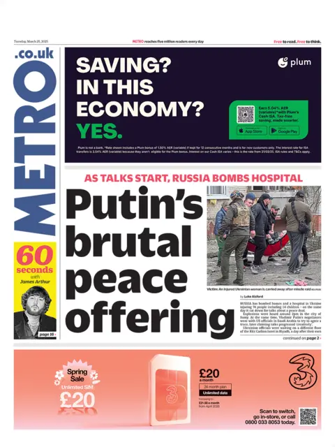 Metro Front page with headline: "Putin's Brutal Peace offering"