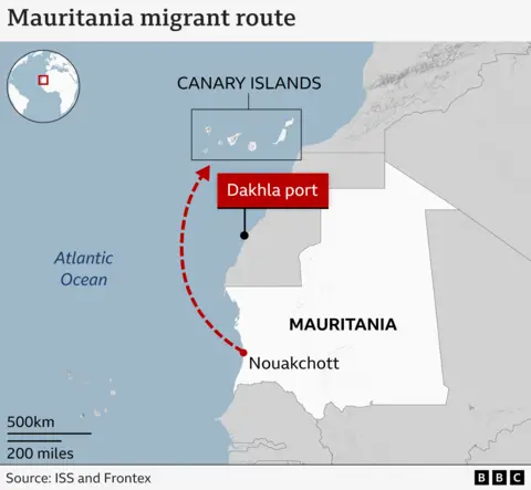 BBC's drawing shows the way of immigrants that extend from Nactchot in Mauritania to the Canary Islands.