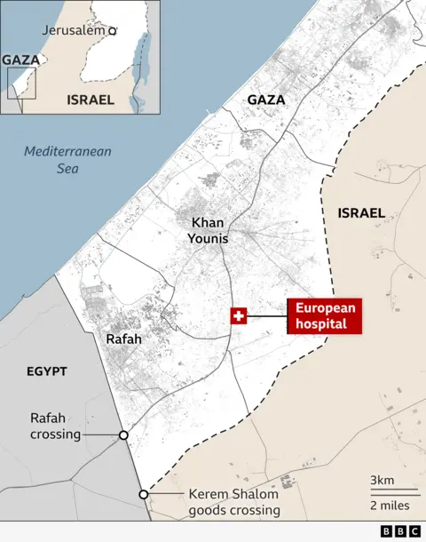 Map of southern Gaza Strip showing Khan Younis and the European Gaza hospital