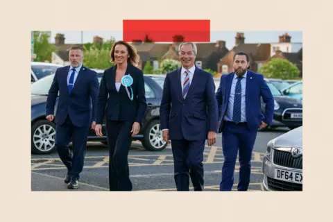 PA Media Reform UK candidate Sarah Pochin and party leader Nigel Farage (second right) arrive at the DCBL Halton Stadium