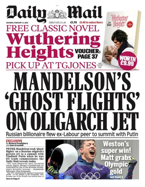 The headline on the front page of the Mail reads: “Mandelson's 'ghost flights' on oligarch jet”.