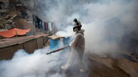 A member of a health brigade fumigates a street against the dengue virus in  Lima on May 11, 2023. 