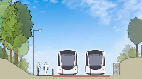 City of Edinburgh Council A line drawing showing two trams side by side. There are walkers and cyclists on the other half of the path.