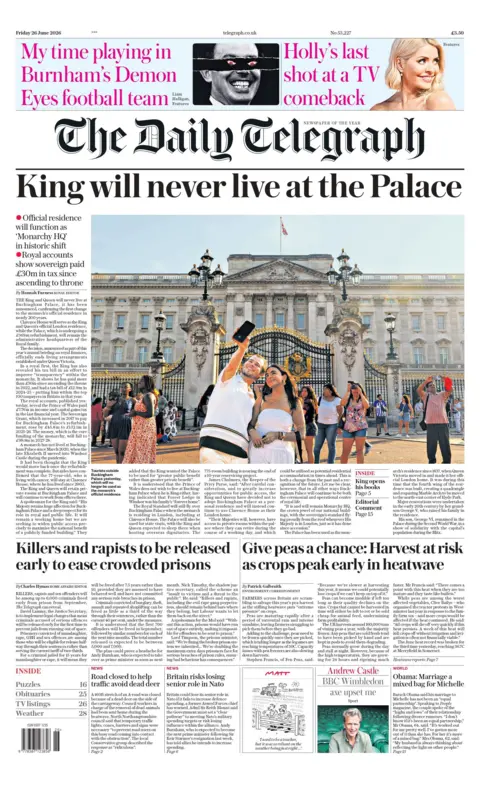 "King will never live at the Palace," reads the headline on the front page of the Daily Telegraph. 