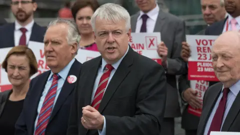 Getty Images A group of Labour politicians campaigning, holding red Vote Remain 23 June banners. Carwyn Jones is stood in the middle of them, holding his left hand out and gesticulating.