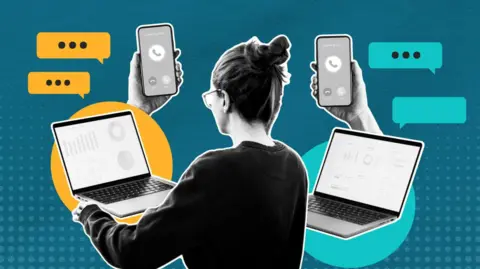 A graphic of a woman in glasses looking at a laptop