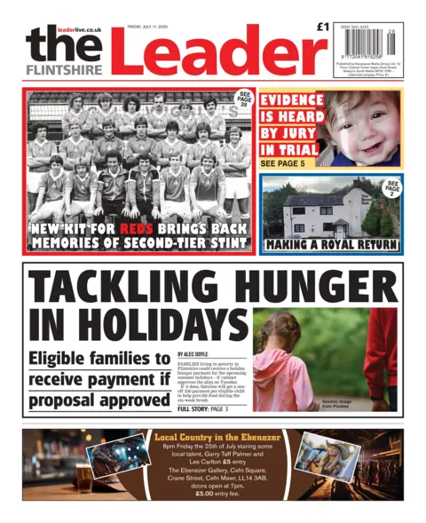 Flintshire Leader Front page of the Flintshire Leader has a picture of  young girl from the back with her head down in front of a forested area and the headline talking hunger holidays