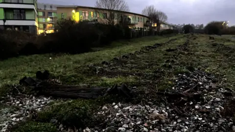 An old railway line with rocks and grass growing over it and a large building in the background