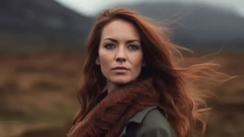 An AI-generated image of the imagined woman behind the synthetic voice used on ScotRail trains. The woman has long red hair and wears a brown scarf and a green coat. She is stood against a blurred background that looks like the Scottish outdoors with the shadow of mountains and moorland. The image is AI generated and not real