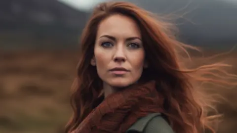 ScotRail An AI-generated image of the imagined woman behind the synthetic voice used on ScotRail trains. The woman has long red hair and wears a brown scarf and a green coat. She is stood against a blurred background that looks like the Scottish outdoors with the shadow of mountains and moorland.