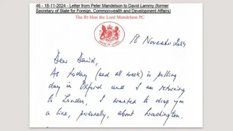 Letter from Lord Mandelson to David Lammy, then foreign secretary, written on House of Lords notepaper. 