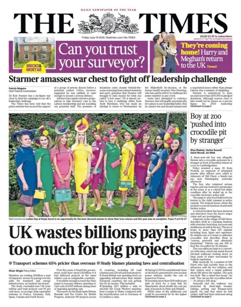 The headline on the front page of the Times reads: “UK wastes billions paying too much for big projects”.