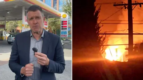 Simon Atkinson in a split screen with a refinery fire