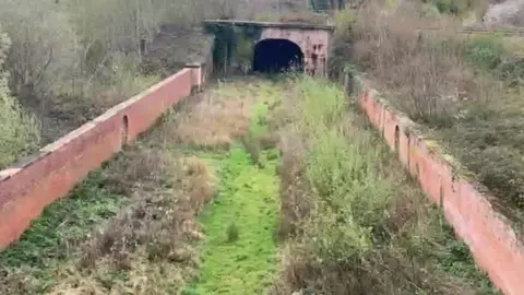 A small railway bridge surrounded by grass and flanked each side by walls. It is in a rural area with trees and green land.
