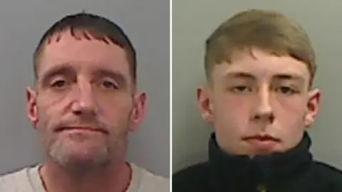 Cleveland Police Mugshots of Charville and McIver. Charville is older with faint grey stubble and short dark hair. McIver is young and clean shaven with short fair hair and a black fleece zipped up above his chin.