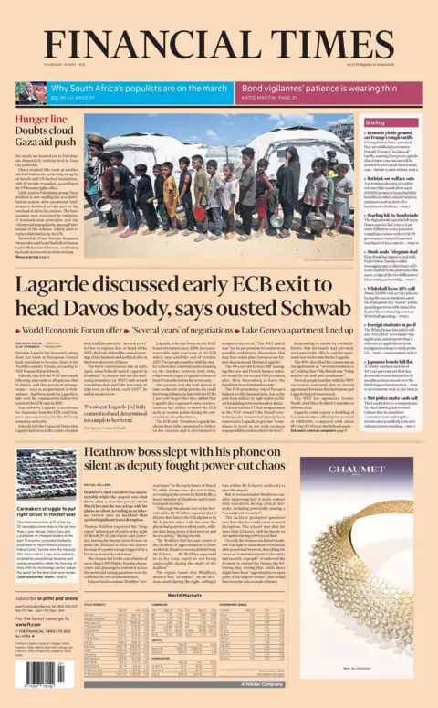The headline on the front page of the FT reads "Lagarde discussed early ECB exit to head Davos body, says ousted Schwab."