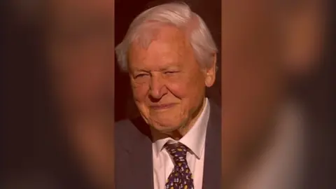 David Attenborough, smiling, wears a dark suit and tie