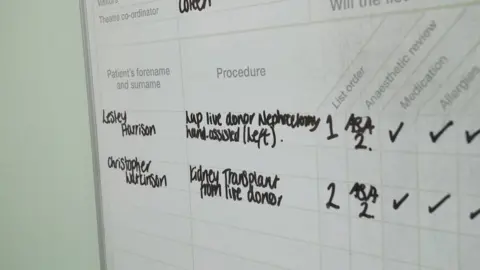 A hospital whiteboard with Lesley and Chris's names and what procedure they're having done