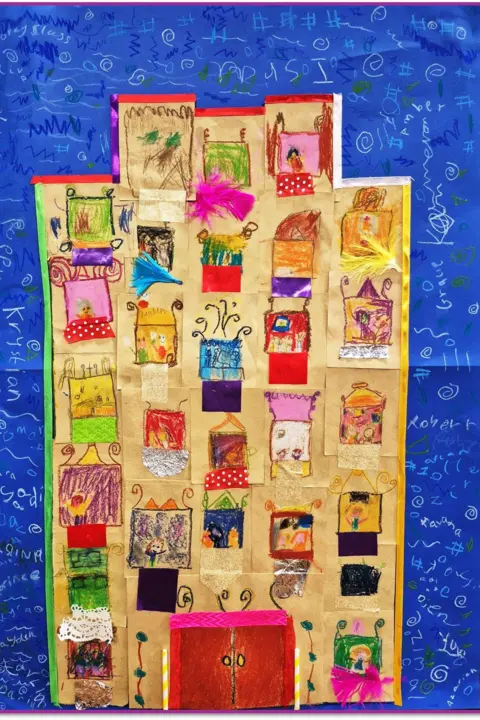 Luton Primary School Shows a colourful house, with loads of different colour windows and red double doors. It's on a blue background with the childrens' signatures.