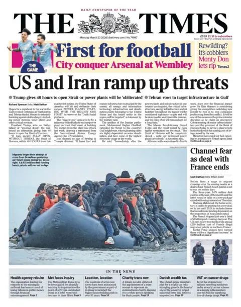 The headline on the front page of the Times reads: "US and Iran ramp up threats."