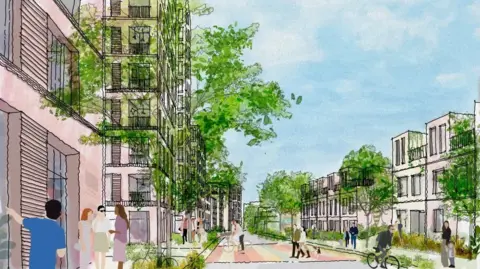 ECF A drawing showing modern buildings on either side. The building to the right is divided into squares and has both two and three storey sections. There are trees in front of this building. The building on the left rises above the height of the picture and has a tree in front of it. There is a paved area between the two buildings on which people are walking.