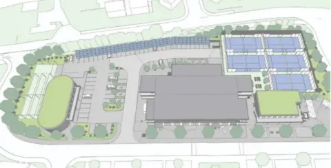 Gaming International Concept art of a development with buildings and sporting pitches