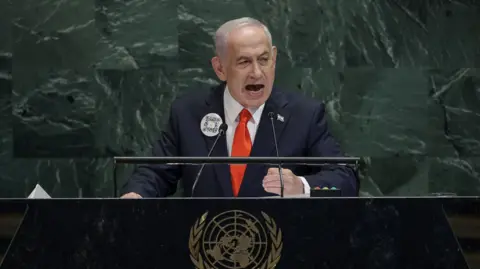 Reuters Netanyahu gives a speech at the UN General Assembly. 
