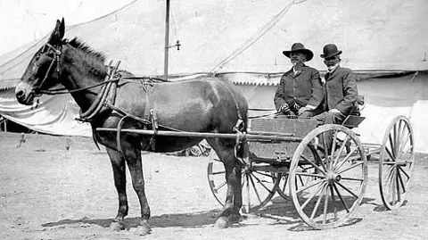 Cody holds the reins of a horse-drawn cart, whilst to his left Salsbury is looking at the camera. Behind them is a marquee housing the show's performers and animals