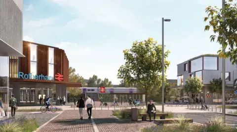 The artist impressions shows a paved forecourt with landscaped greenery; trees and bushes. The station is in the background, with a modern looking station building on the left of the image and a moving train in the centre of this background image.
The mid ground is populated with the artists impressions of people milling about, among them a cyclist, some people walking towards the station with bags and cases, others sitting amidst the greenery on benches.