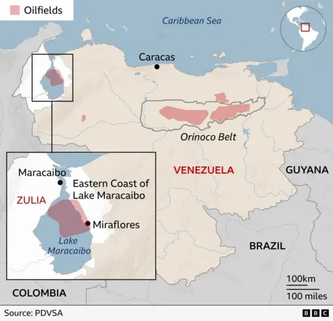Map showing Lake Maracaibo in north-east Venezuela, next to the Caribbean Sea. Oil reserves are marked under the lake and in Venezuela's Orinoco Belt to the east. Zulia state is marked surrounding most of the lake. Neighbouring countries are also marked - Guyana to the east, Brazil to the south and Colombia to the west.