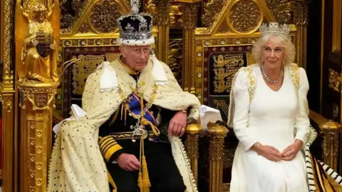 PA Media King Charles and Queen Camilla in ceremonial clothes including crowns in the House of Commons   