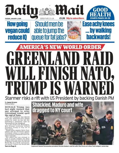 "Greenland raid will finish Nato, Trump is warned" reads the headline on the front page of the Daily Mail.