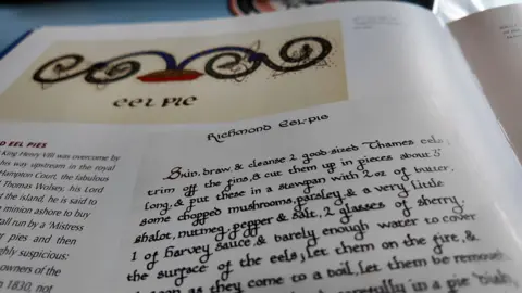 A recipe for Richmond eel pie in old-fashioned cursive handwriting from a book at the Eel Pie Island Museum