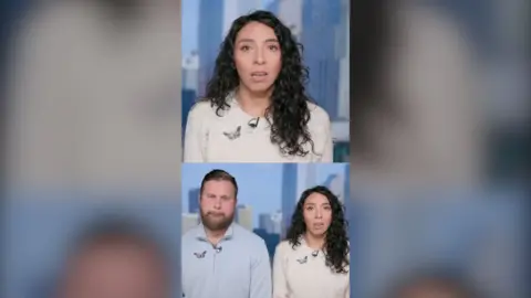 Sky Roberts wearing a blue shirt and Amanda Roberts wearing a cream top sit side-by-side