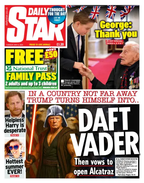 The top corner of the Daily Star features Prince George shaking the hand of a World War Two veteran. Below, the headline reads "Daft Vader", in reference to a story about US president Donald Trump ordering the reopening of the Alcatraz prison. 
