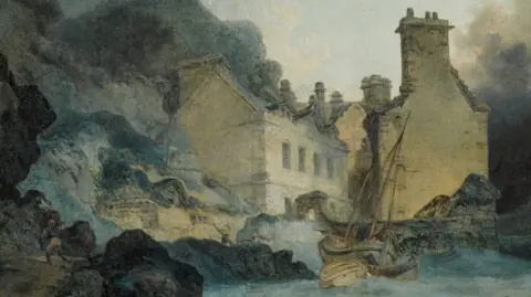 Sotheby's A close up of the painting without the gold frame. It shows two buildings with tall chimneys beside the River Avon. There is a yacht-like boat and a rowboat being tossed around in the waves. The lighter areas of the painting have turned yellow as the varnish ages.
