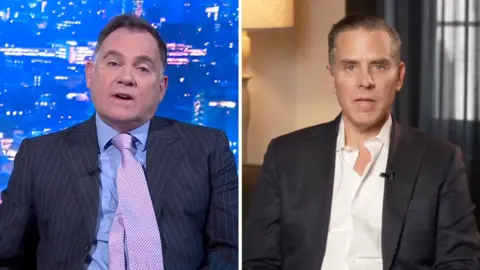 Split screen image showing Newsnight presenter Paddy O'Connell and Hunter Biden in a remote interview.