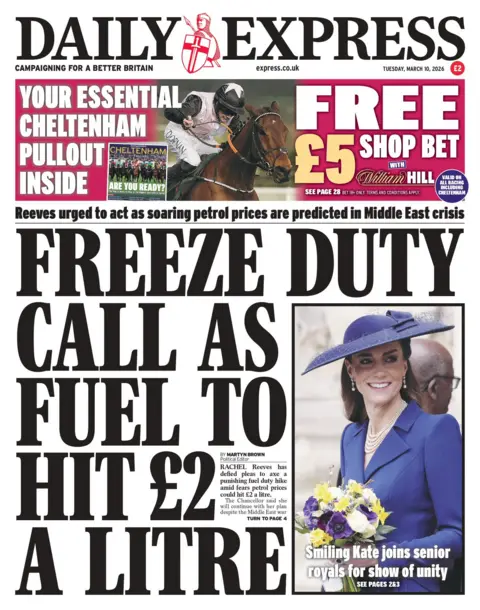 "Freeze duty call as fuel to hit £2 a litre," reads the headline on the front page of the Daily Express.