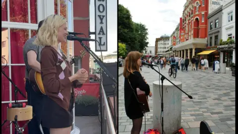 Two images - one of a blonde woman singing on the balcony of a theatre and another of a younger brunette woman singing next to the theatre on the street