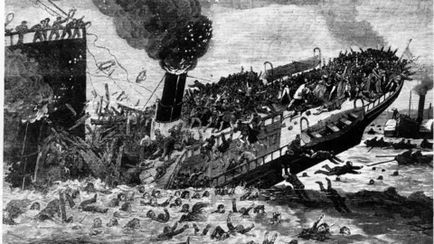 Hulton Archive/Getty Images A black and white sketch of a boat going into the side of another boat which has split apart and is sinking. People are in distress on the deck and in the water