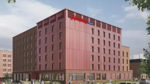An artists drawing of a large, block-shaped, red-walled building with a flat roof and 